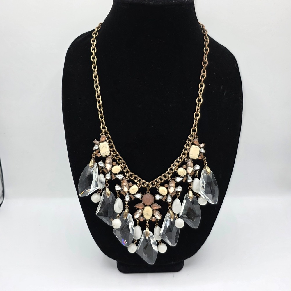 Womens Gold Tone Chain White Crystal Brown Beads Bib Statement Necklace Boho 26"